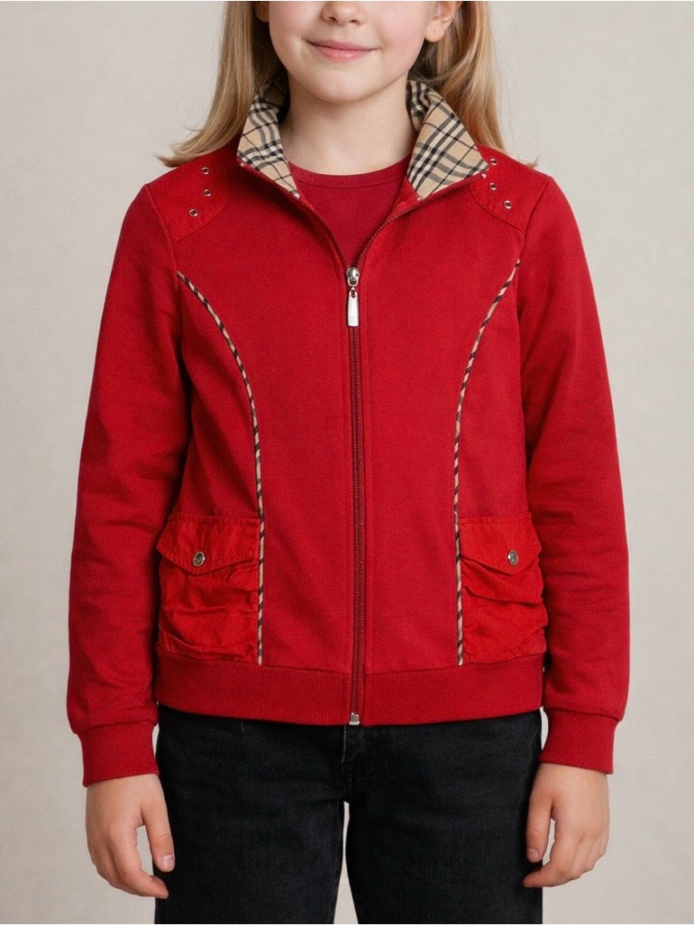 Burberry Red Girls' Zip-Up Jacket With Signature Check Trim